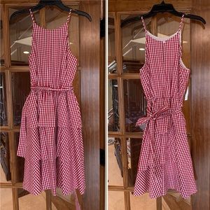Red ruffle sundress with gingham check pattern